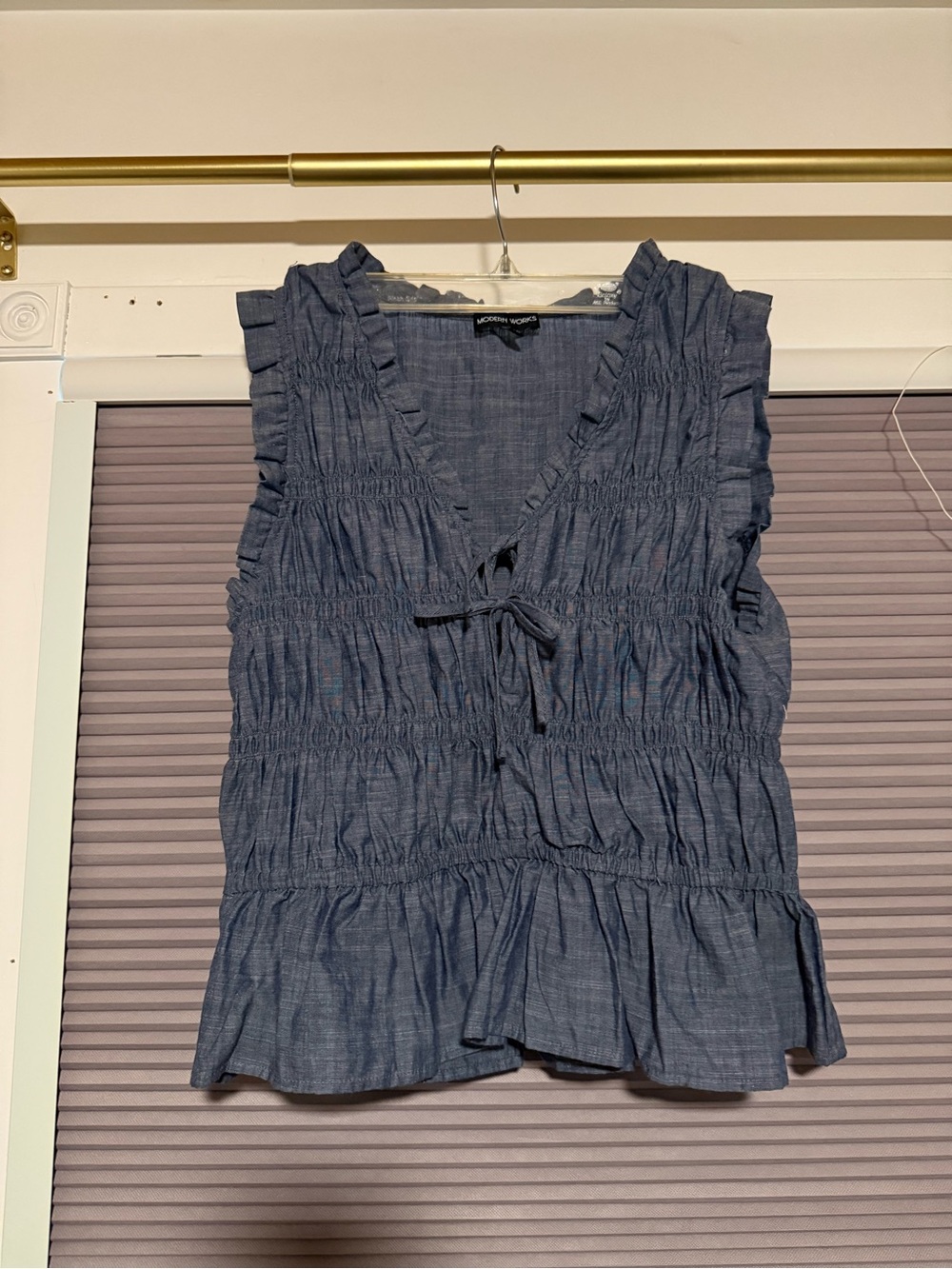 Chambray Blue Ruffled Tie-Front Sleeveless Top